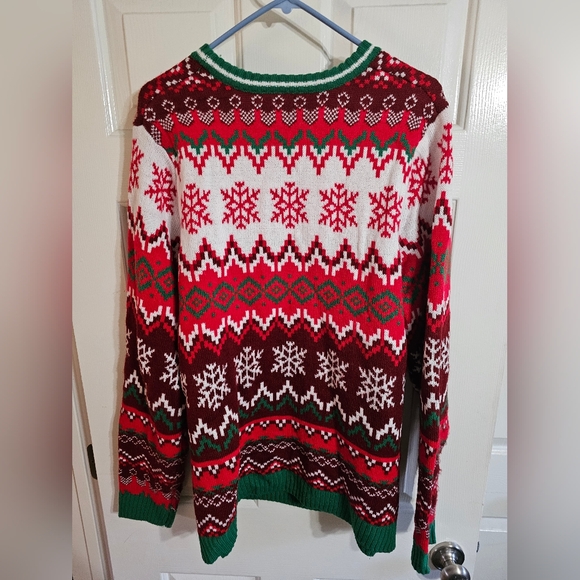 Holiday Time Cat in Gift Box 3D Ugly Christmas Sweater L Red Green Snowflake - Picture 3 of 7